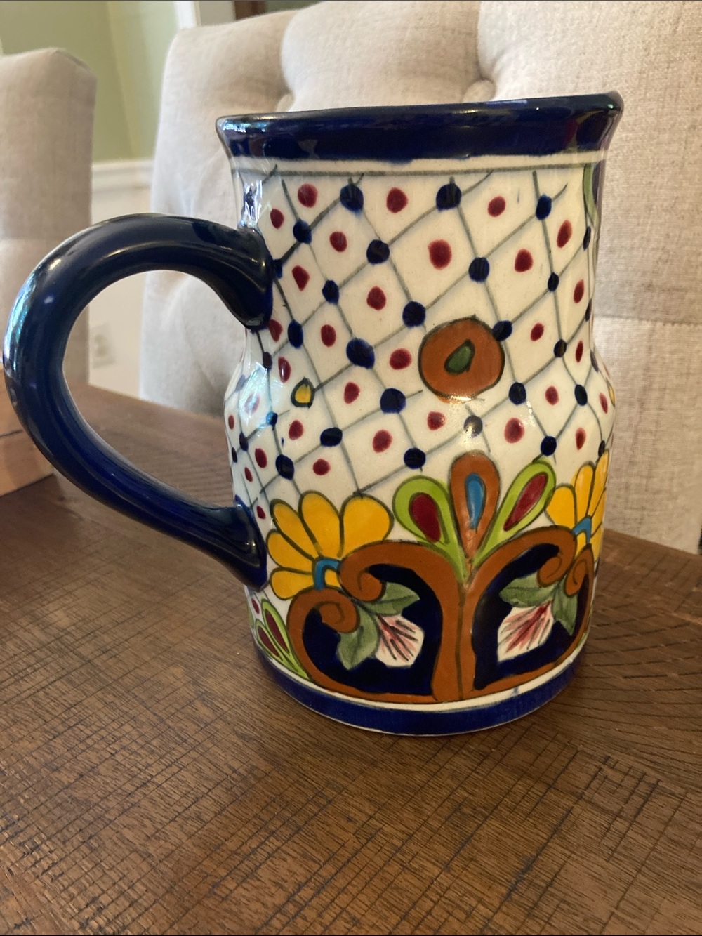 Hand-Painted Ceramic Floral Mug - Blue Accent